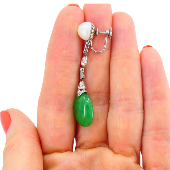 Art Deco Jade Earrings Platinum Pearls Old European Cut Diamonds Estate Jewelry