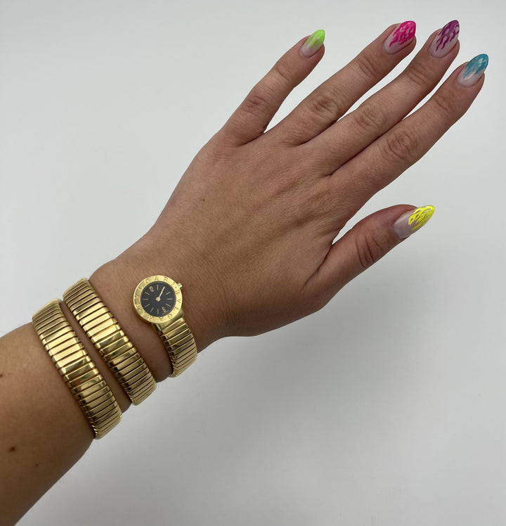 Vintage Bulgari Yellow Gold Black Dial Serpenti Tubogas Wrap Around Wristwatch