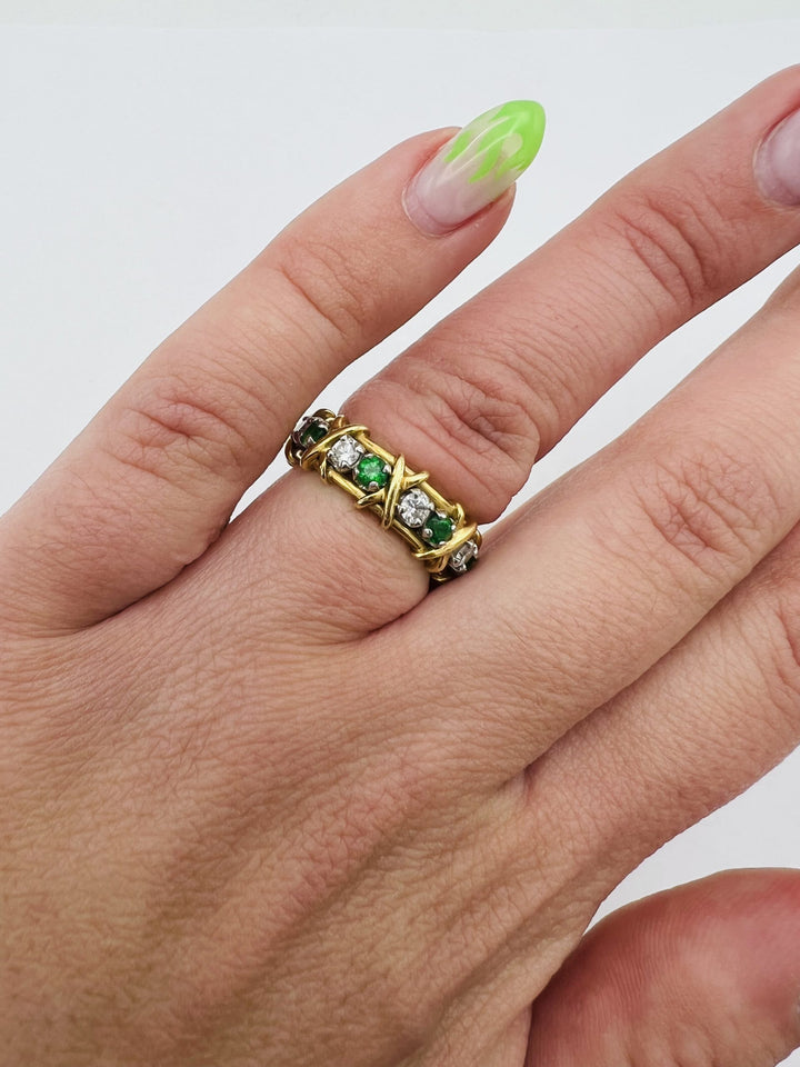 Tiffany & Co. Schlumberger Yellow Gold Platinum Diamond Emerald X Band Ring