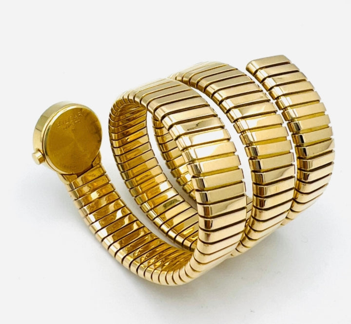 Vintage Bulgari Yellow Gold Black Dial Serpenti Tubogas Wrap Around Wrist Watch