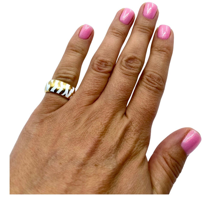 Andrew Clunn Gold Ring White Enamel Zebra Pattern
