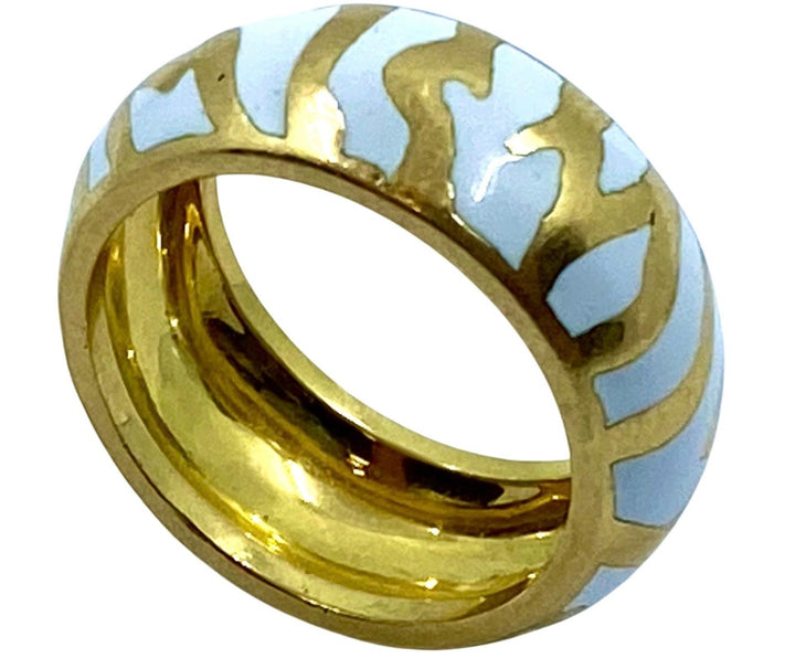Andrew Clunn Gold Ring White Enamel Zebra Pattern