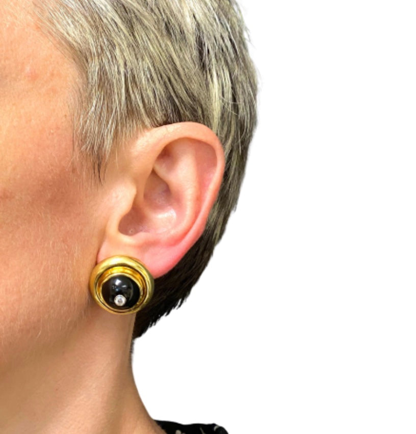 Paloma Picasso  Vintage Earrings 18k Gold Onyx Diamond