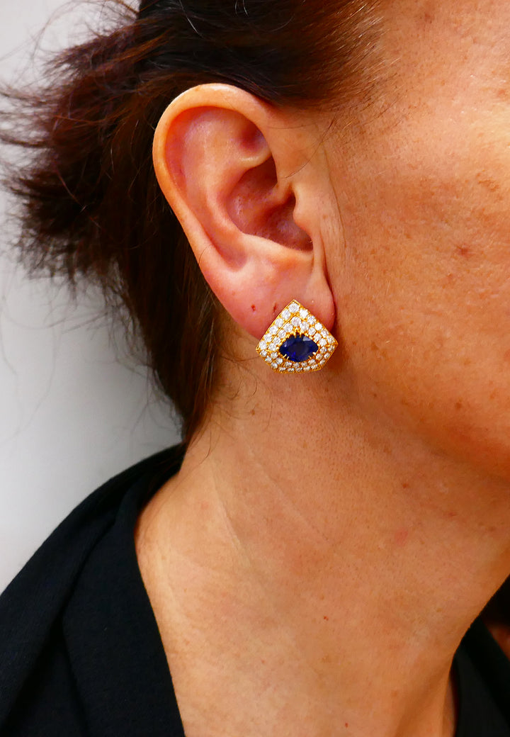 Areza Vintage French Earrings 18k Gold Sapphire Diamond