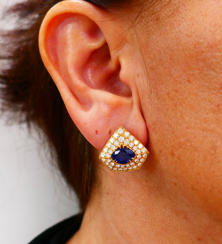 Areza Vintage French Earrings 18k Gold Sapphire Diamond