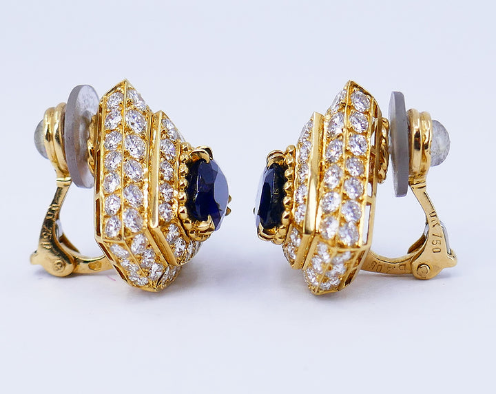 Areza Vintage French Earrings 18k Gold Sapphire Diamond