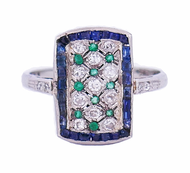 Art Deco Style Vintage Ring Platinum Gems Estate Jewelry