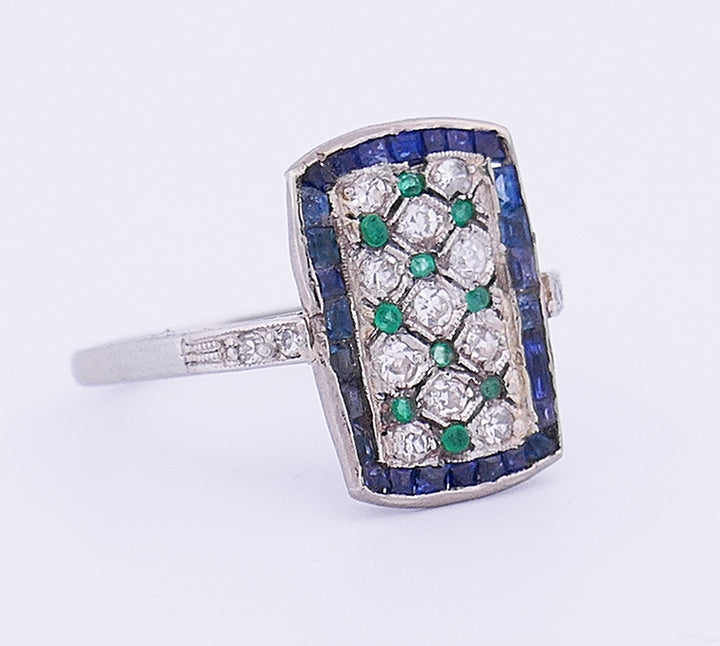 Art Deco Style Vintage Ring Platinum Gems Estate Jewelry
