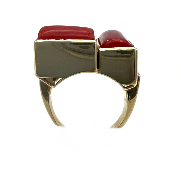 Mid Century Modern Yellow Gold and Coral Ring