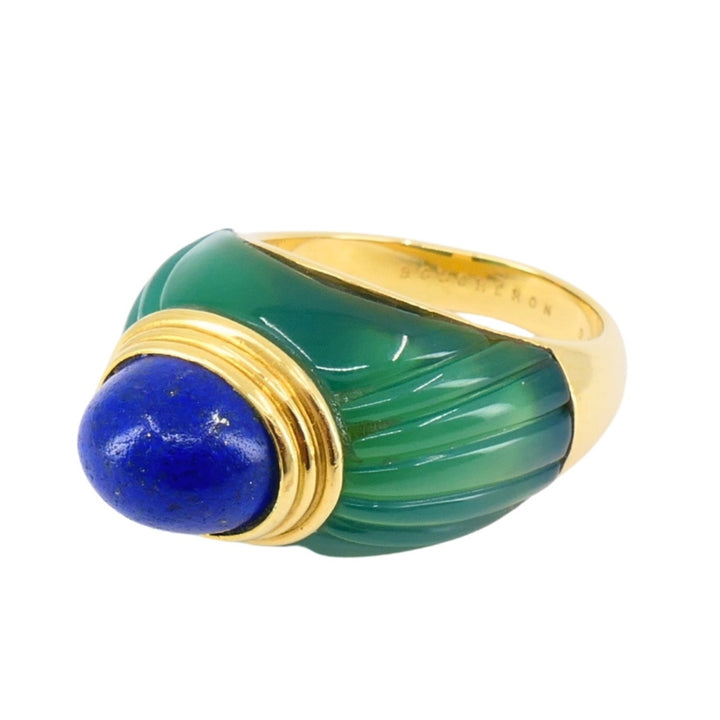 1980's Boucheron Jaipur Ring 18k Gold Chrysophrase Lapis Lazuli Original Pouch