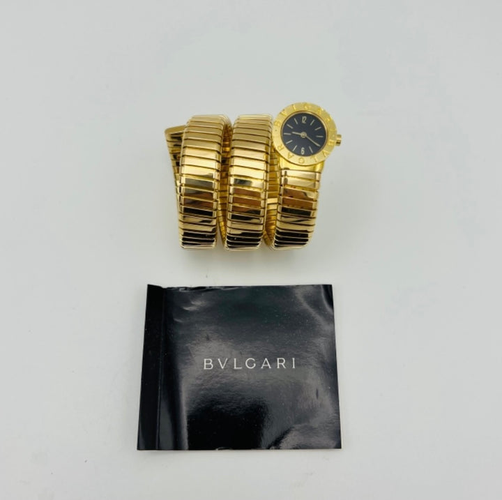 Vintage Bulgari Yellow Gold Black Dial Serpenti Tubogas Wrap Around Wrist Watch