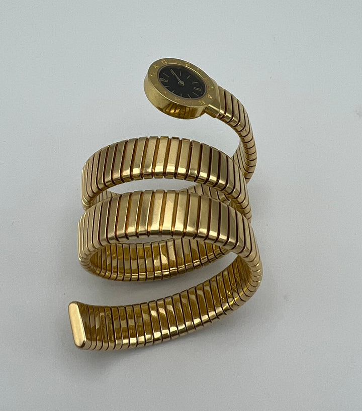 Vintage Bulgari Yellow Gold Black Dial Serpenti Tubogas Wrap Around Wristwatch