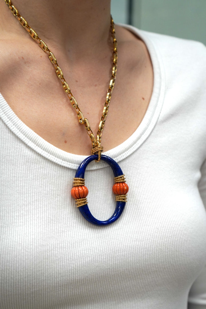 1970s Boucheron 18k Gold Coral Lapis Lazuli Pendant