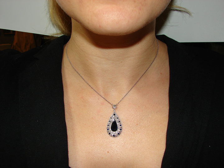 Art Deco Platinum Sapphire Diamond Pendant Necklace
