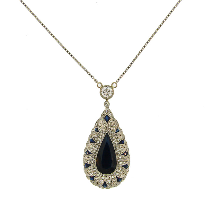 Art Deco Platinum Sapphire Diamond Pendant Necklace