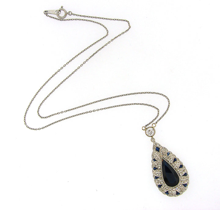 Art Deco Platinum Sapphire Diamond Pendant Necklace