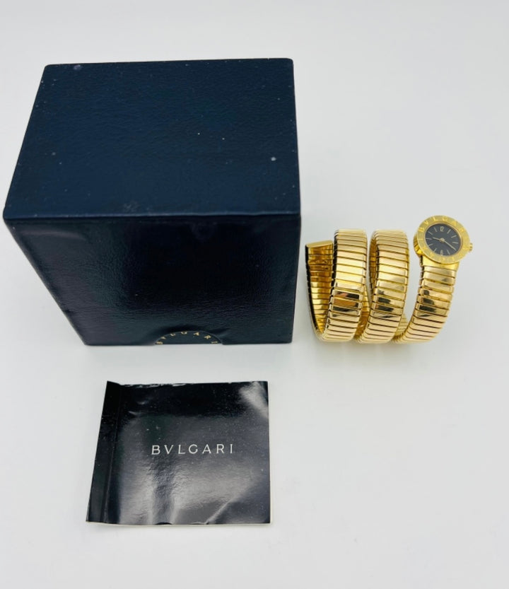 Vintage Bulgari Yellow Gold Black Dial Serpenti Tubogas Wrap Around Wrist Watch