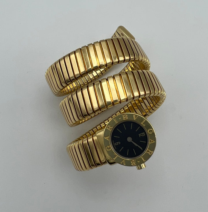 Vintage Bulgari Yellow Gold Black Dial Serpenti Tubogas Wrap Around Wristwatch