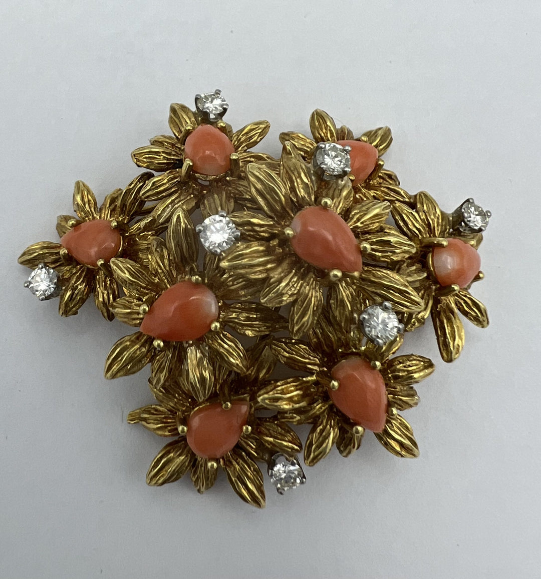 18k Gold Coral Diamond Floral Brooch