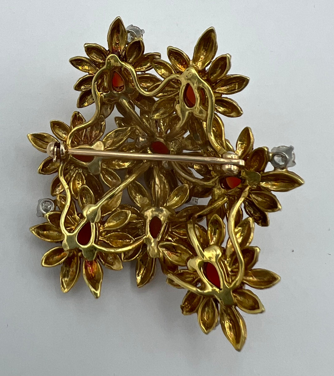 18k Gold Coral Diamond Floral Brooch