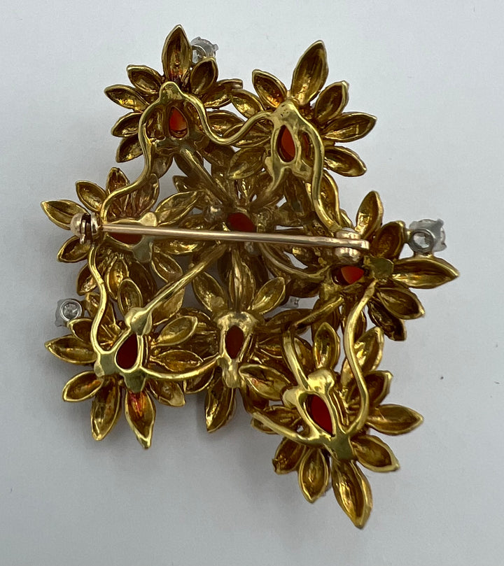18k Gold Coral Diamond Floral Brooch