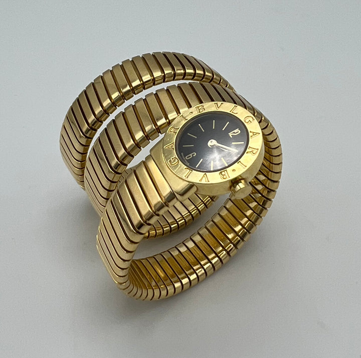 Vintage Bulgari Yellow Gold Black Dial Serpenti Tubogas Wrap Around Wristwatch
