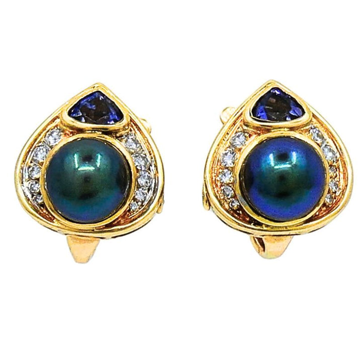Vintage Marina B Earrings 18k Gold Black Pearl Gemstones