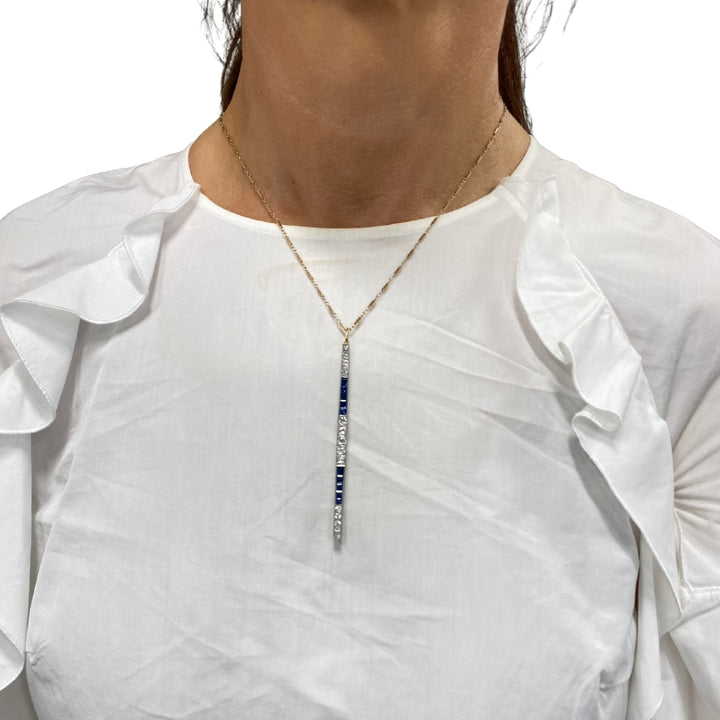 1920s Platinum Bar Pendant Sapphire Diamond & 14k Gold Chain Necklace