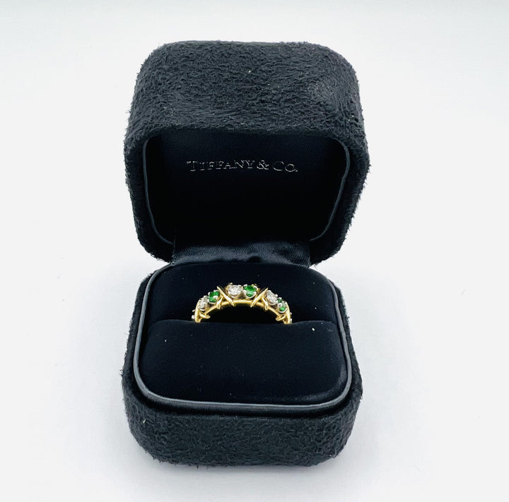 Tiffany & Co. Schlumberger Yellow Gold Platinum Diamond Emerald X Band Ring