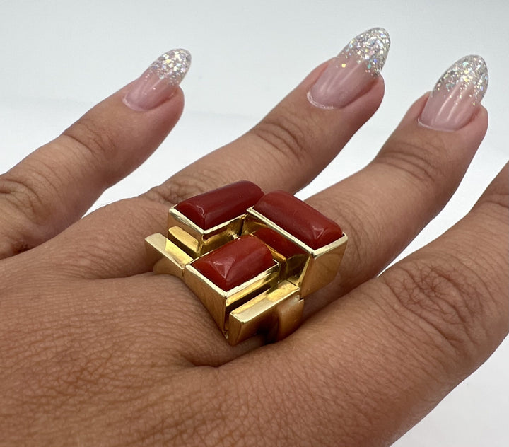 Mid Century Modern Yellow Gold and Coral Ring