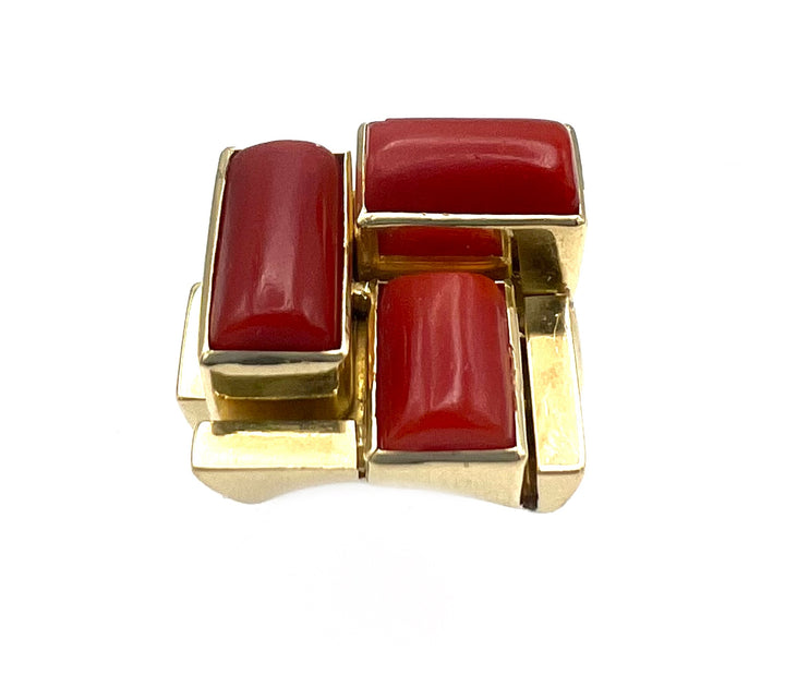 Mid Century Modern Yellow Gold and Coral Ring
