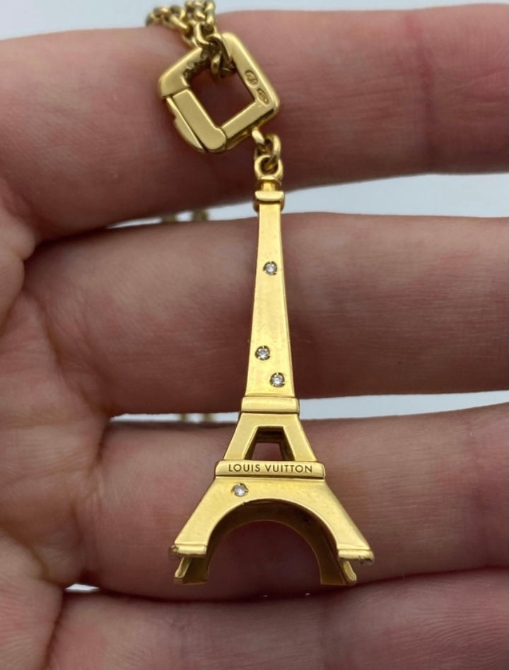 1990's Louis Vuitton Yellow Gold and Diamond Eiffel Tower Chain Necklace