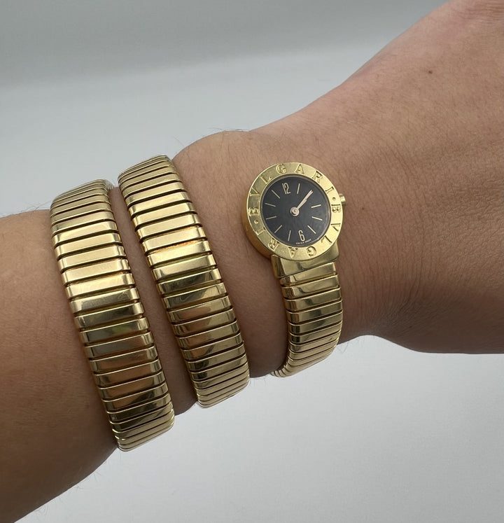 Vintage Bulgari Yellow Gold Black Dial Serpenti Tubogas Wrap Around Wristwatch
