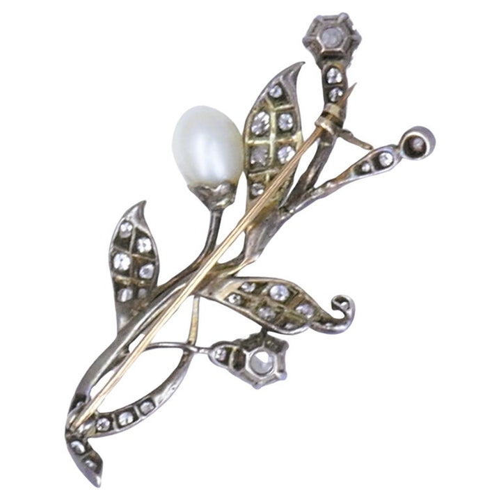 Georgian Era Silver Brooch Pearl Diamond 9k Gold Antique