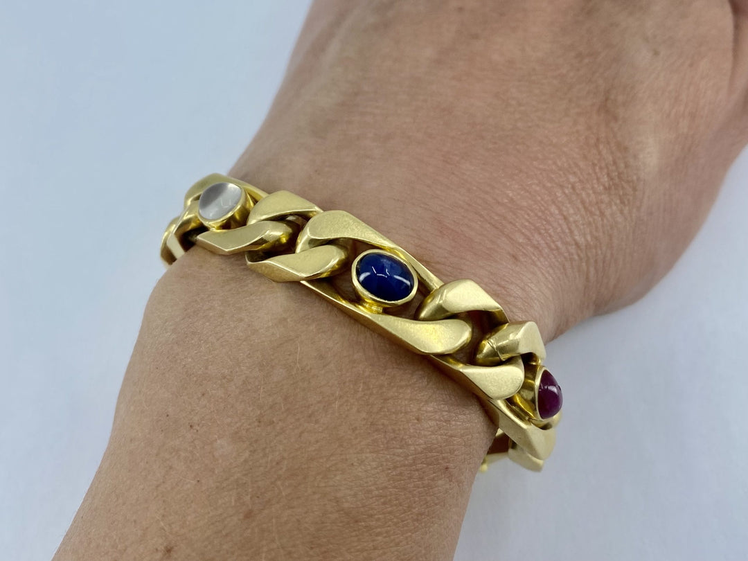 18k Gold Cabochon Sapphire Moonstone Ruby Bracelet