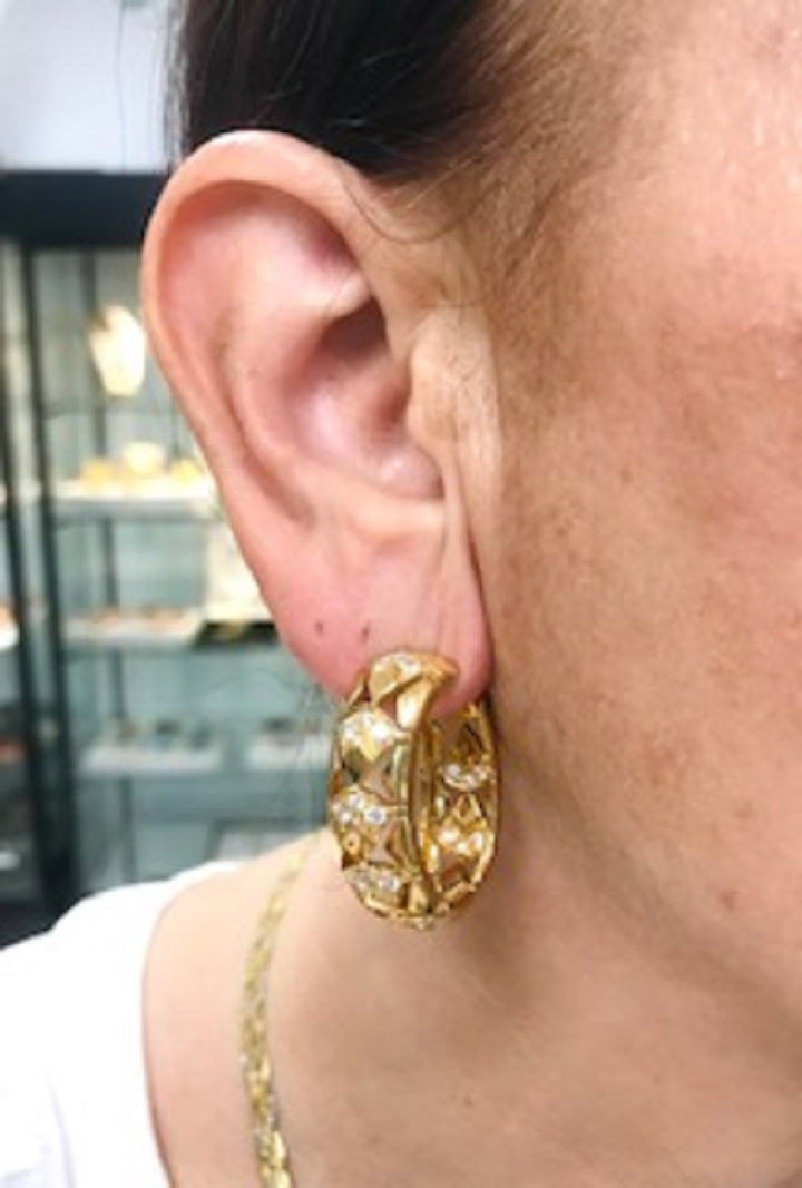 Cartier Hoop Earrings Diamond  18k Gold Triangular Pattern