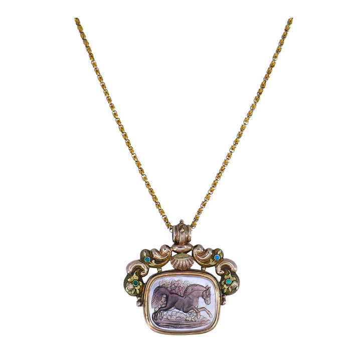 Antique Victorian Gold Mother of Pearl Equestrian Pendant Chain Necklace