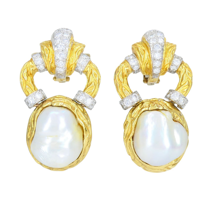 Vintage Wander 18k Gold Diamond Pearl Clip Earrings