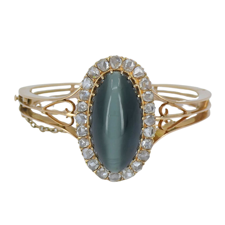 Antique Victorian Rose Gold Diamond Cat's Eye Clamper Bracelet