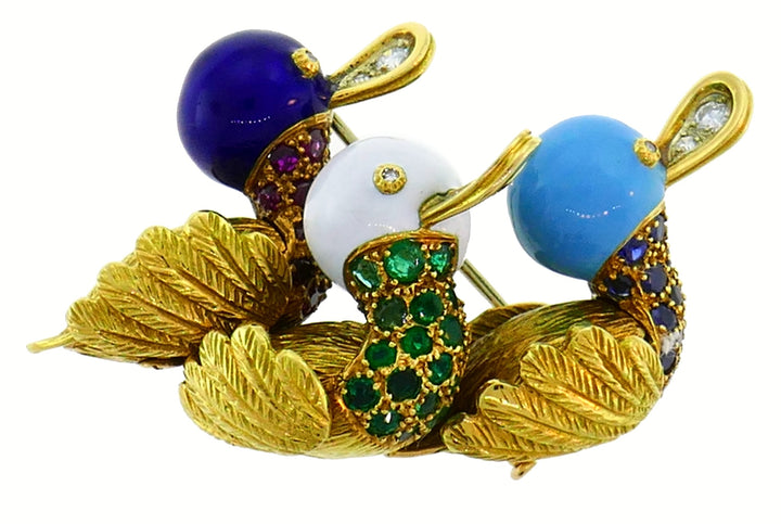 French Vintage Brooch 18k Gold Enamel Gems Duck Pin Clip