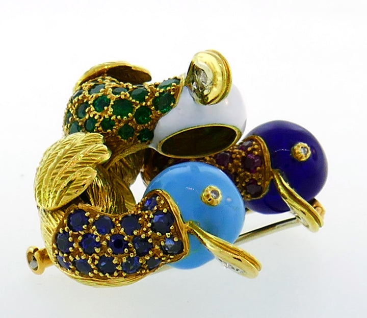 French Vintage Brooch 18k Gold Enamel Gems Duck Pin Clip