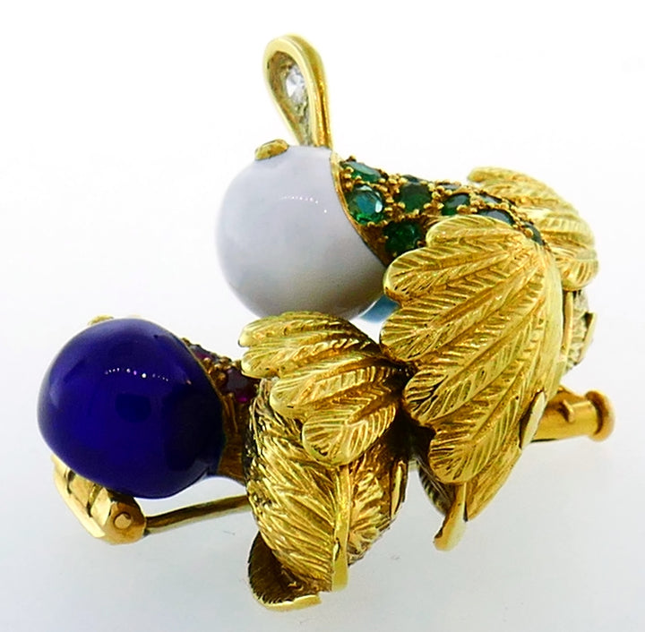 French Vintage Brooch 18k Gold Enamel Gems Duck Pin Clip