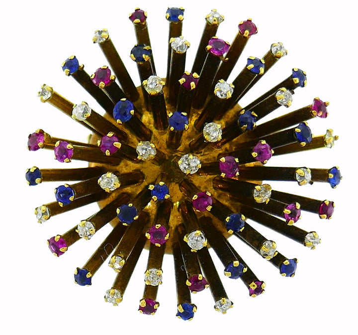 Yellow Gold Sputnik Pin Brooch Clip with Diamond Sapphire Ruby, French 1950s
