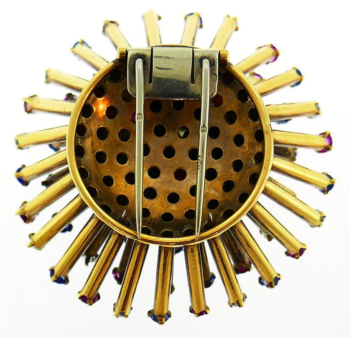 Yellow Gold Sputnik Pin Brooch Clip with Diamond Sapphire Ruby, French 1950s