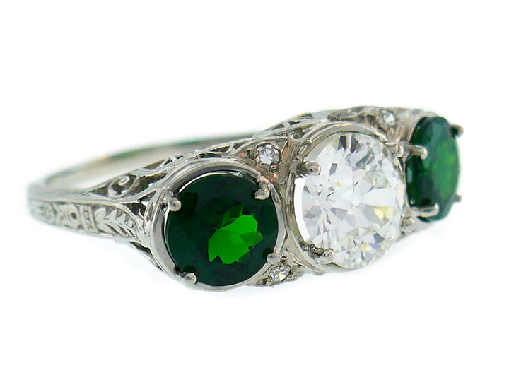 Art Deco Diamond Emerald Platinum Ring Old European Cut 1.20-ct I VVS1 GIA