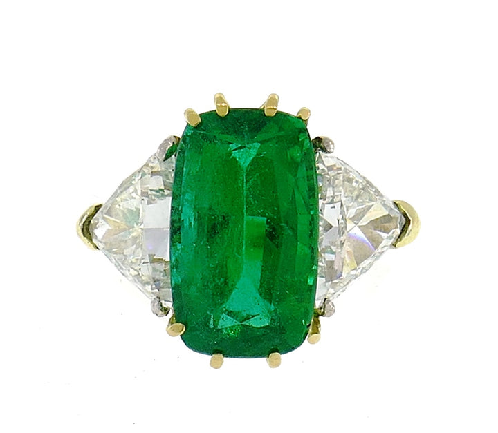 Vintage Emerald Diamond 18k Gold Three-Stone Ring