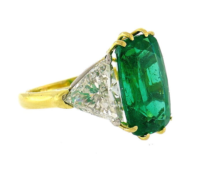 Vintage Emerald Diamond 18k Gold Three-Stone Ring