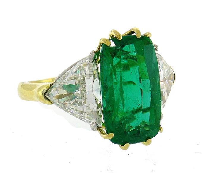 Vintage Emerald Diamond 18k Gold Three-Stone Ring