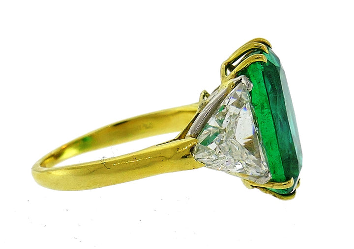 Vintage Emerald Diamond 18k Gold Three-Stone Ring