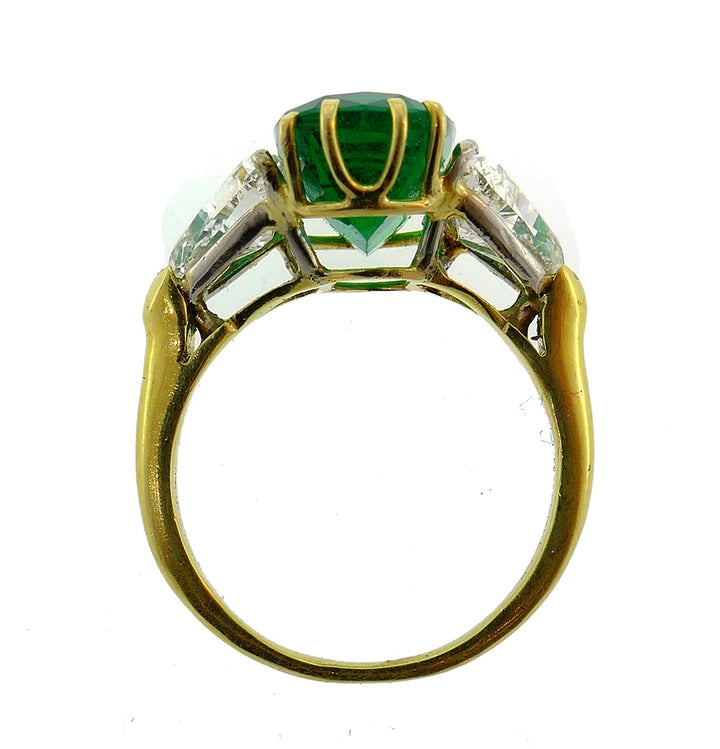 Vintage Emerald Diamond 18k Gold Three-Stone Ring